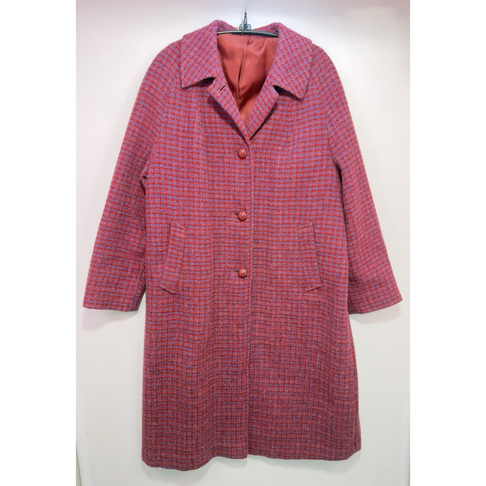 Vintage Harris Tweed Wool Coat Womens XL Red Purple Handwoven Scotland Long